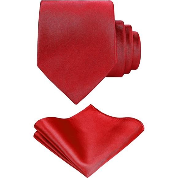 Solid Red Tie Satin Color Formal Necktie and Pocket Square Sets in Gift Box - Picture 1 of 6